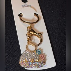 BAG CHARM Mint Gold and Iridescent Pink Blue Flower Purse Key Holder